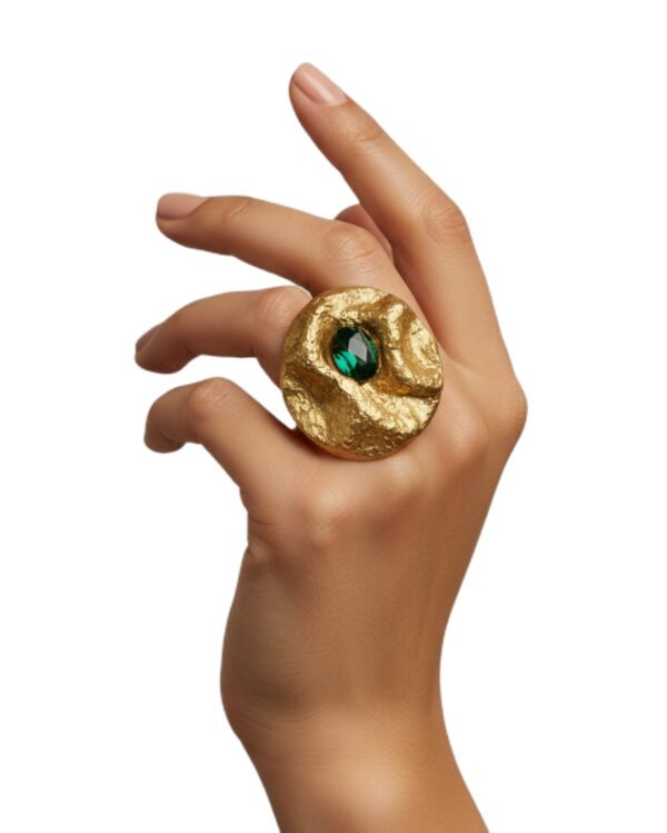 Zamrud — Emerald Green Papier‑Mâché Ring, Gold – Adjustable