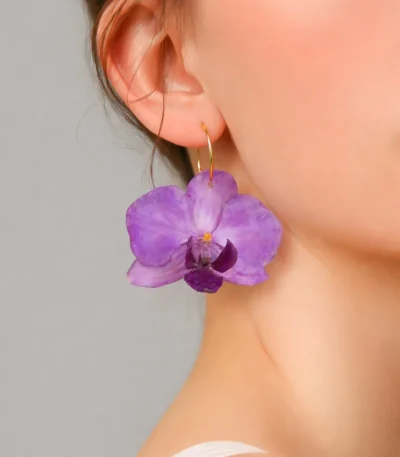 Earrings with Purple Phalaenopsis Miniature Orchid On Model