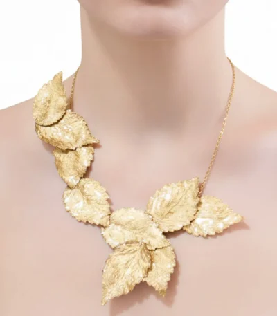 Handmade Gold Leaf Statement Necklace On Model