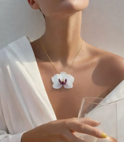 Handmade Mini Real Orchid Necklace – 18K Gold Plated Silver Chain On Model