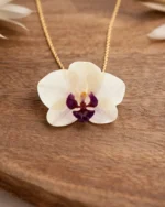 Handmade Mini Real Orchid Necklace – 18K Gold Plated Silver Chain With Background