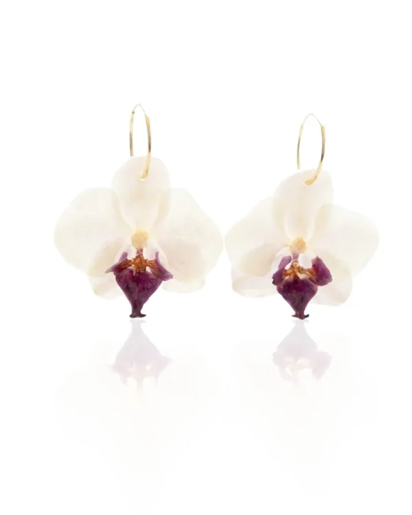 Handmade Mini Real Orchid Earrings – 18K Gold Plated Silver Hoops