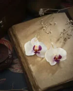 Handmade Mini Real Orchid Earrings – 18K Gold Plated Silver Hoops With Background