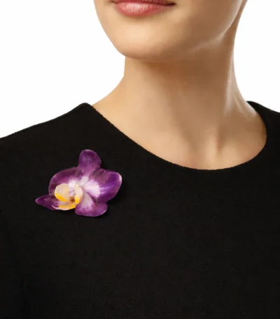 Handmade Purple Orchid Brooch with Stainless Steel Pin On Model