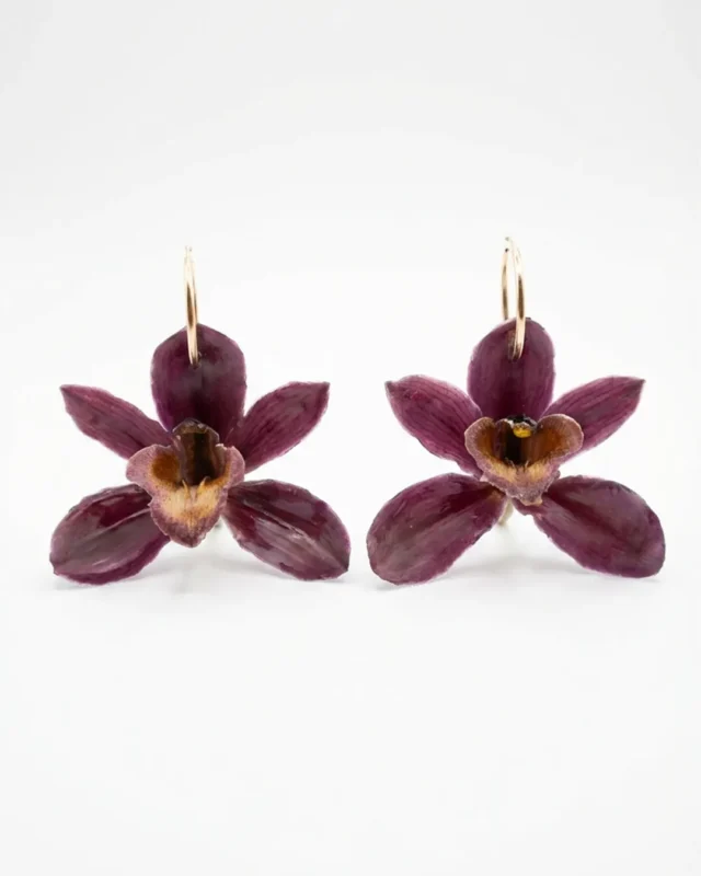 Handmade Real Burgundy Dendrobium Orchid Earrings