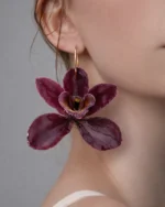 Handmade Real Burgundy Dendrobium Orchid Earrings On Model