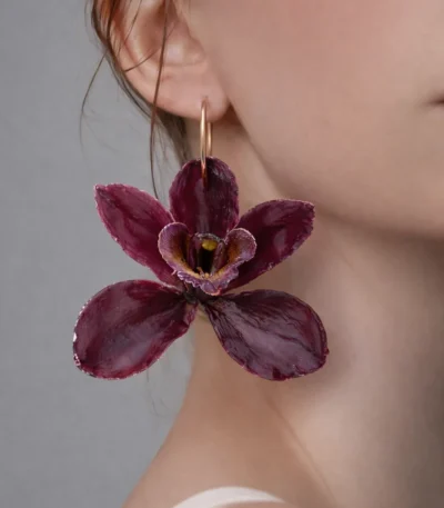 Handmade Real Burgundy Dendrobium Orchid Earrings On Model