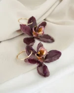 Handmade Real Burgundy Dendrobium Orchid Earrings With Background