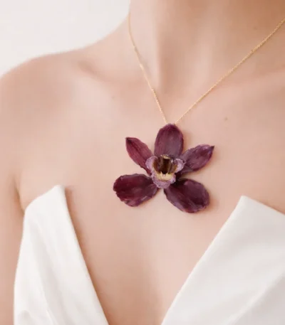 Handmade Real Burgundy Dendrobium Orchid Necklace On Model
