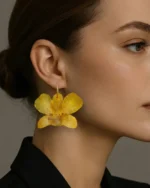 Handmade Real Dendrobium Orchid Hoop Earrings On Model