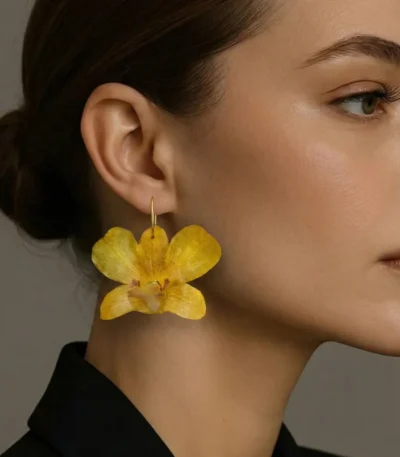 Handmade Real Dendrobium Orchid Hoop Earrings On Model