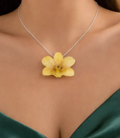 Handmade Real Yellow Dendrobium Orchid Necklace On Model