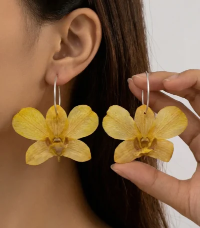 Handmade Real Dendrobium Orchid Silver Hoop Earrings On Model