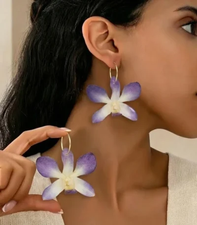 Handmade Real Orchid Earrings Covered By UV Resin On Model