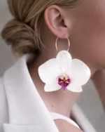 Handmade Real Orchid Earrings With Silver Hoop On Model