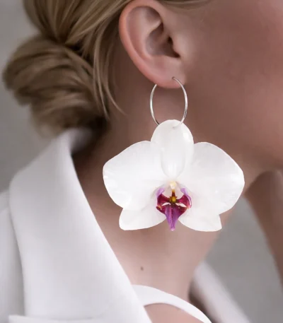 Handmade Real Orchid Earrings With Silver Hoop On Model