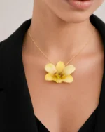 Handmade Real Yellow Dendrobium Orchid Necklace With Silver Chain On Model