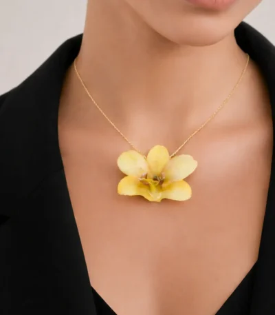 Handmade Real Yellow Dendrobium Orchid Necklace With Silver Chain On Model
