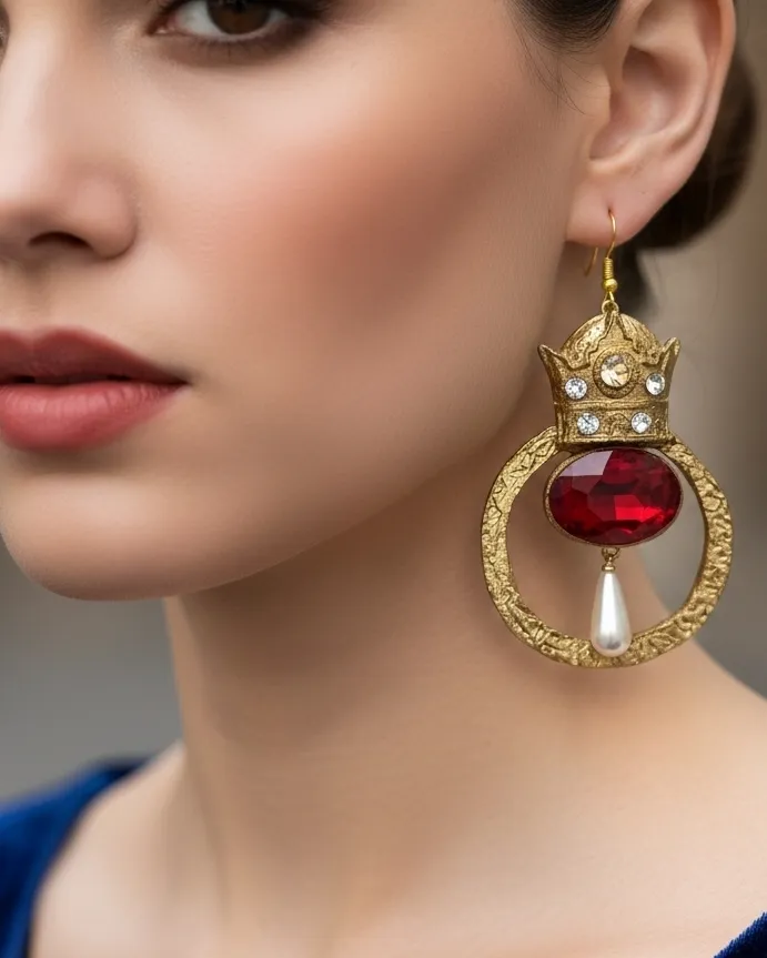Royal Pahlavi Crown Handcrafted Golden Dangle Earrings - Image 2