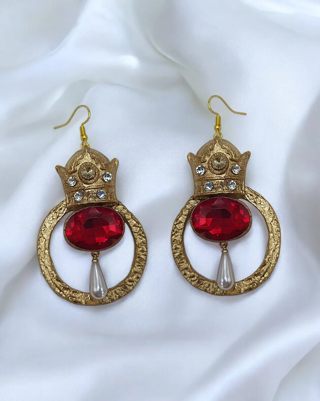 Royal Pahlavi Crown Handcrafted Golden Dangle Earrings - Image 4