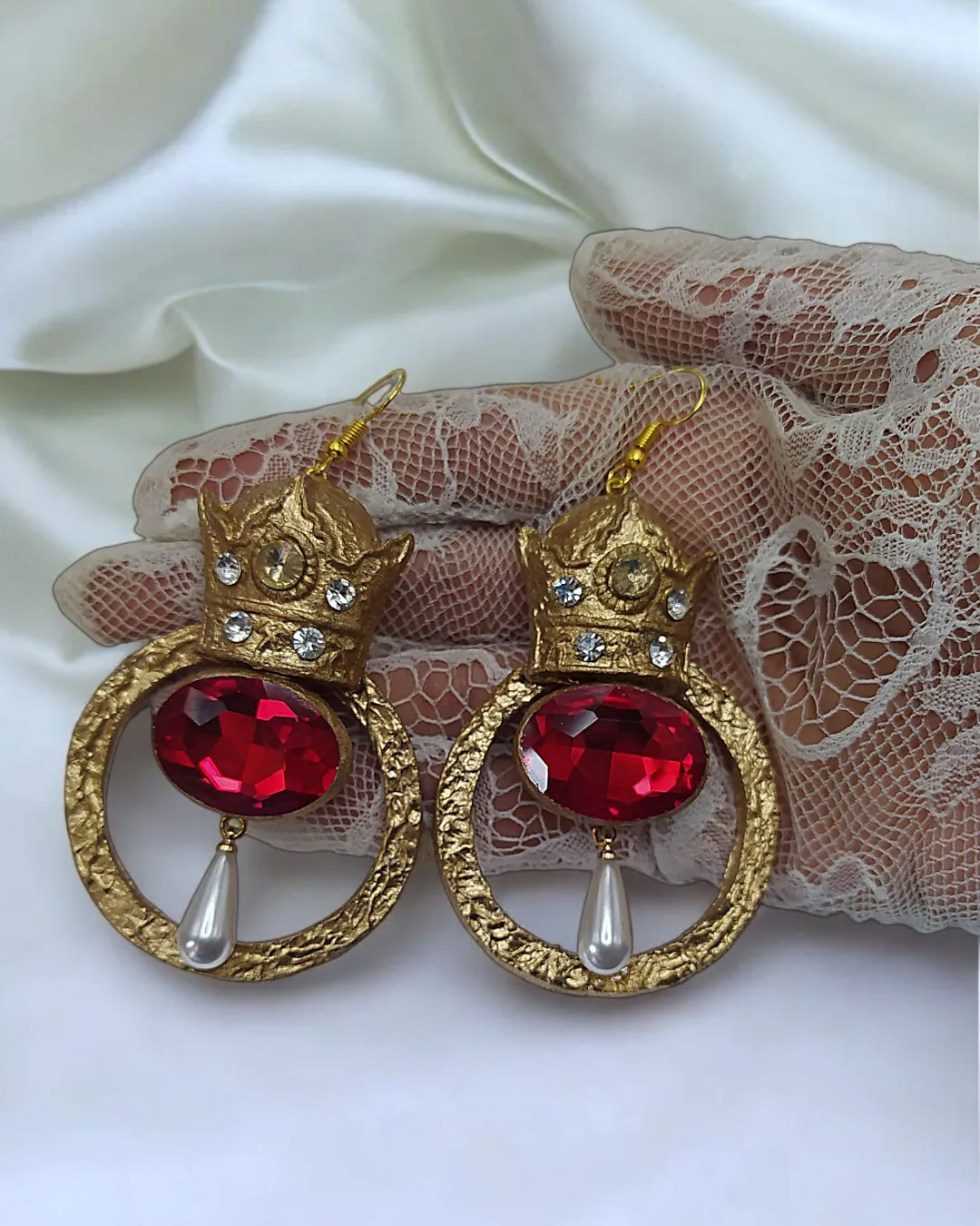 Royal Pahlavi Crown Handcrafted Golden Dangle Earrings - Image 3