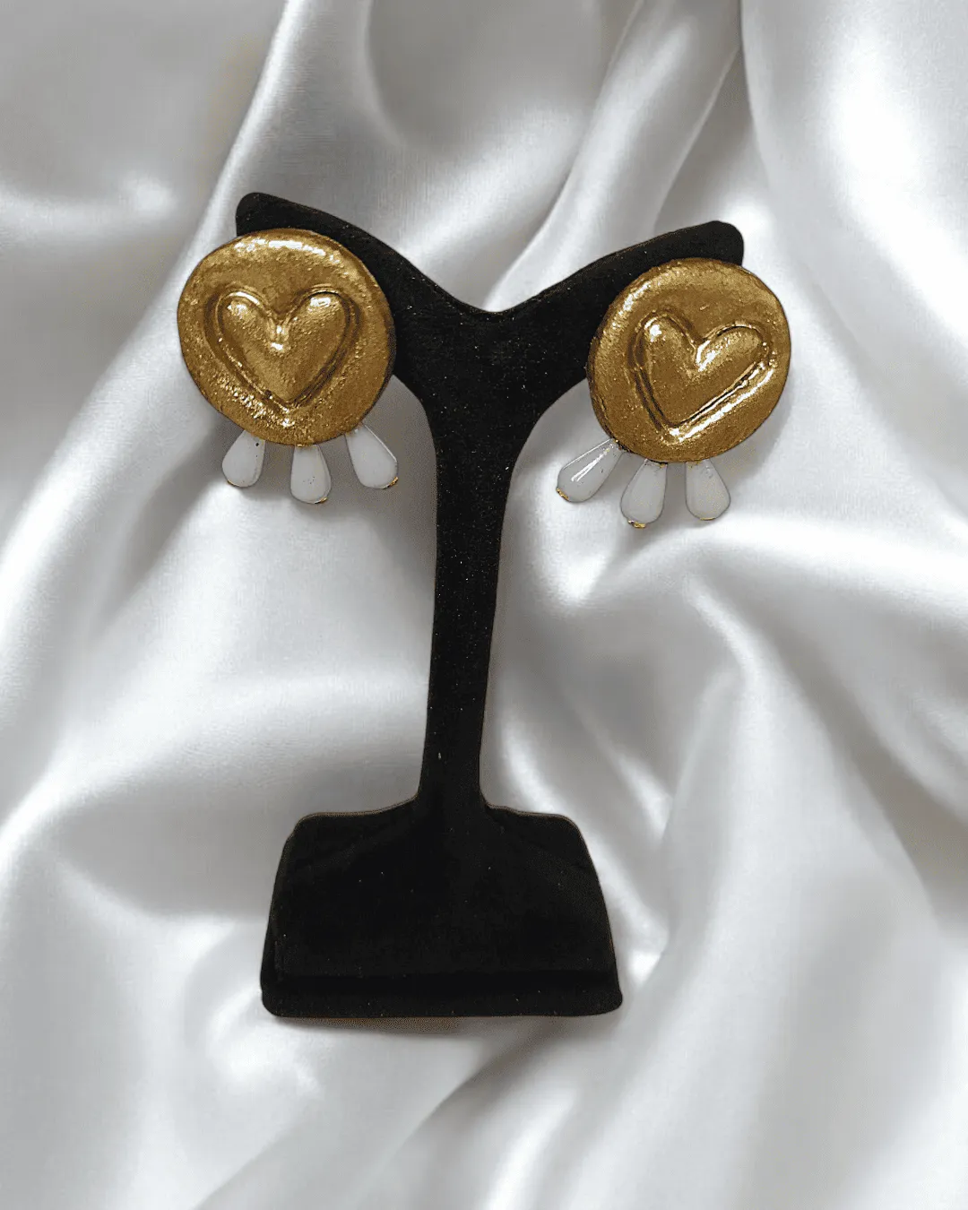 Golden Heart Pearl Drop – Handmade Paper Mache Earrings - Image 5