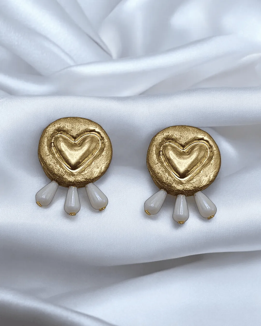Golden Heart Pearl Drop – Handmade Paper Mache Earrings - Image 4