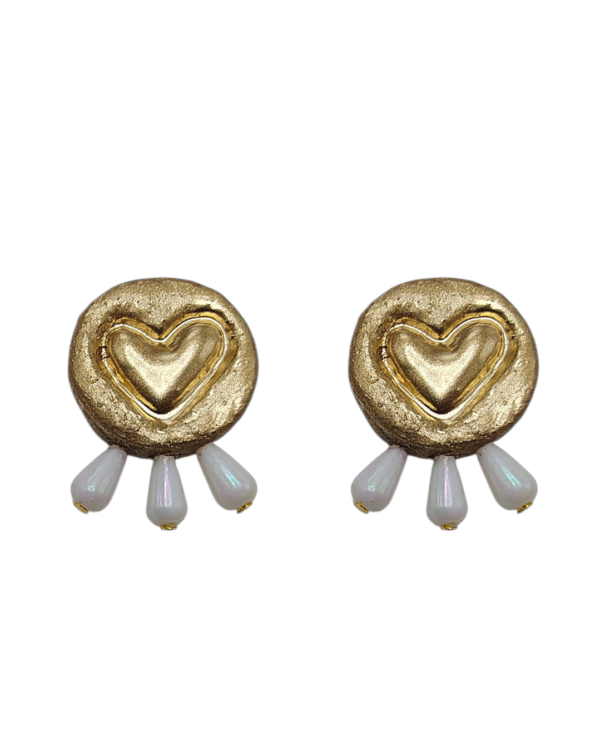 Golden Heart Pearl Drop – Handmade Paper Mache Earrings