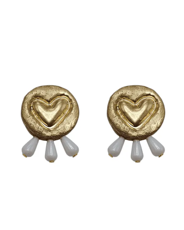 Golden Heart Pearl Drop – Handmade Paper Mache Earrings