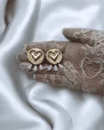 Golden Heart Pearl Drop – Handmade Paper Mache Earrings - Image 3