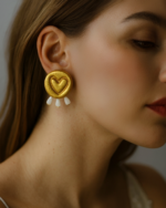 Golden Heart Pearl Drop – Handmade Paper Mache Earrings - Image 2