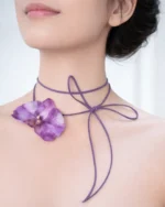 Purple Orchid Suede Choker Necklace Handmade Real Flower On Model