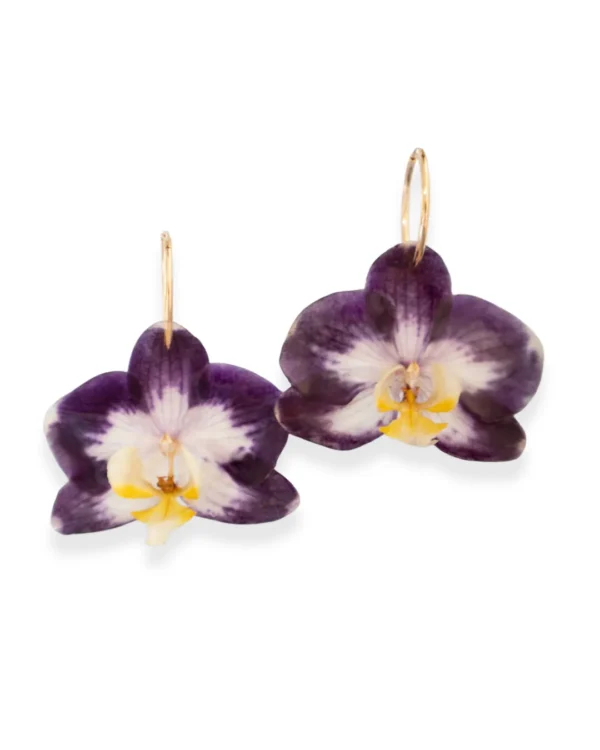 Purple White Phalaenopsis Orchid Gold Hoop Earrings