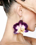 Purple White Phalaenopsis Orchid Gold Hoop Earrings On Model