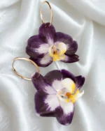 Purple White Phalaenopsis Orchid Gold Hoop Earrings With Background