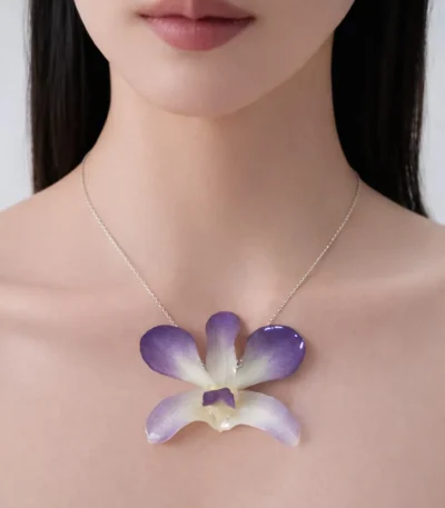 Real Dendrobium Orchid Necklace Silver Chain On Model