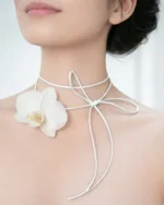 White Phalaenopsis Orchid Suede Choker Necklace On Model