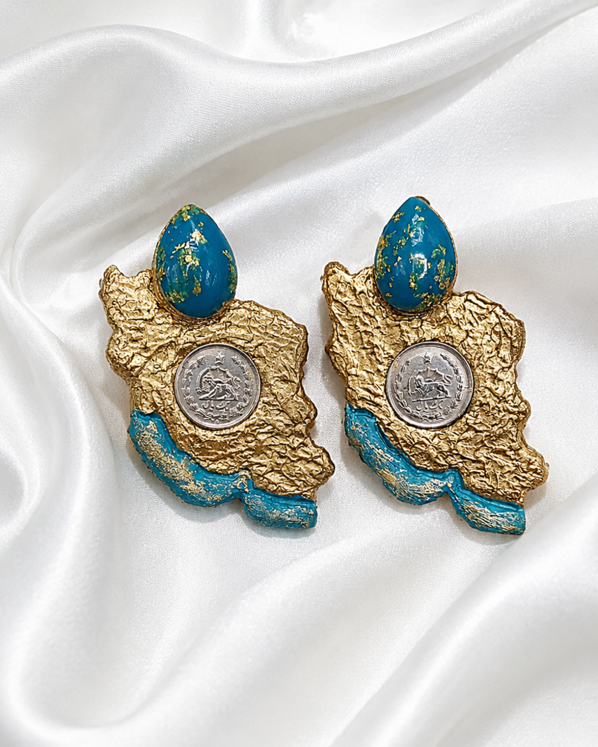 Vatan Earrings With Pahlavi Coin And Gold Leaf - Handmade Papermache Earrings - Image 7