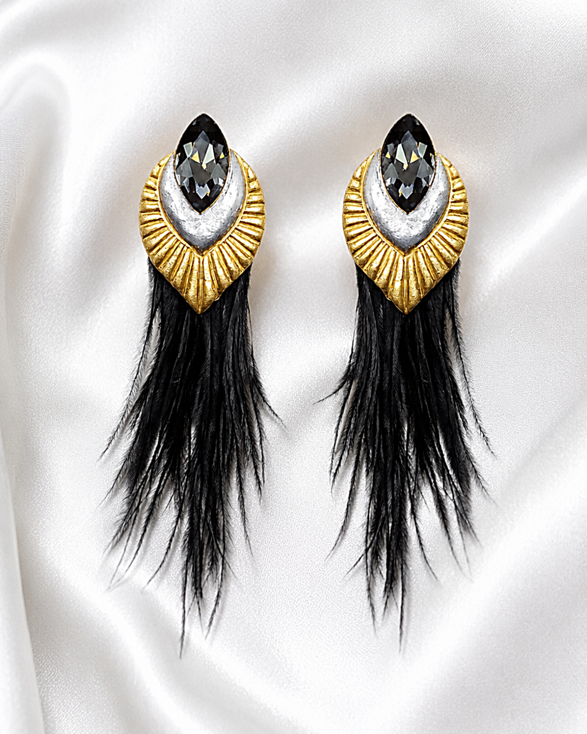 Midnight Peacock Feather Crystal Earrings - Papier Mache Earrings - Image 7