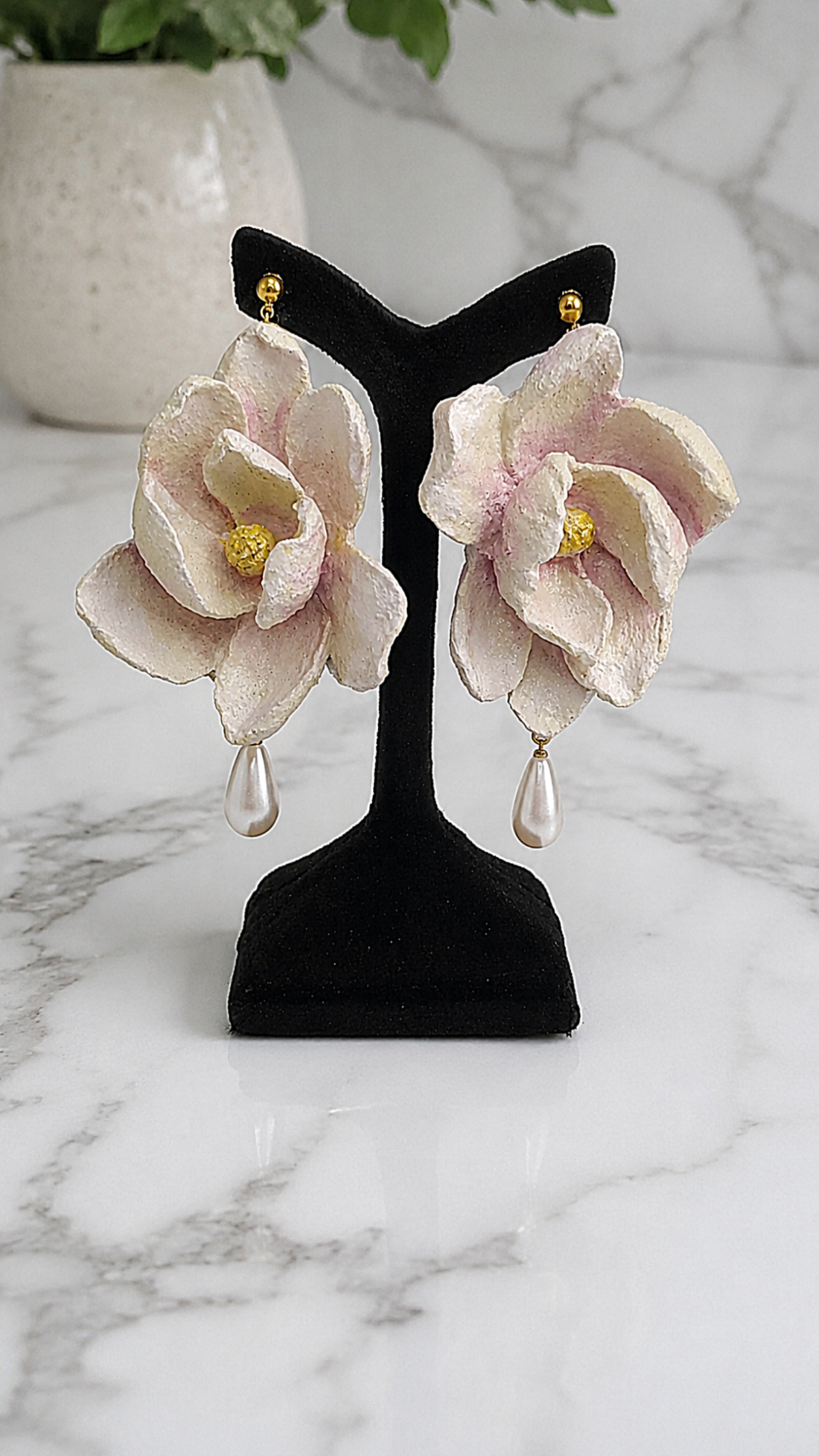 Handmade Magnolia Flower Papier Mâché Pearl Earrings - Image 3
