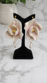 Handmade Magnolia Flower Papier Mâché Pearl Earrings - Image 3