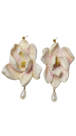 Handmade Magnolia Flower Papier Mâché Pearl Earrings