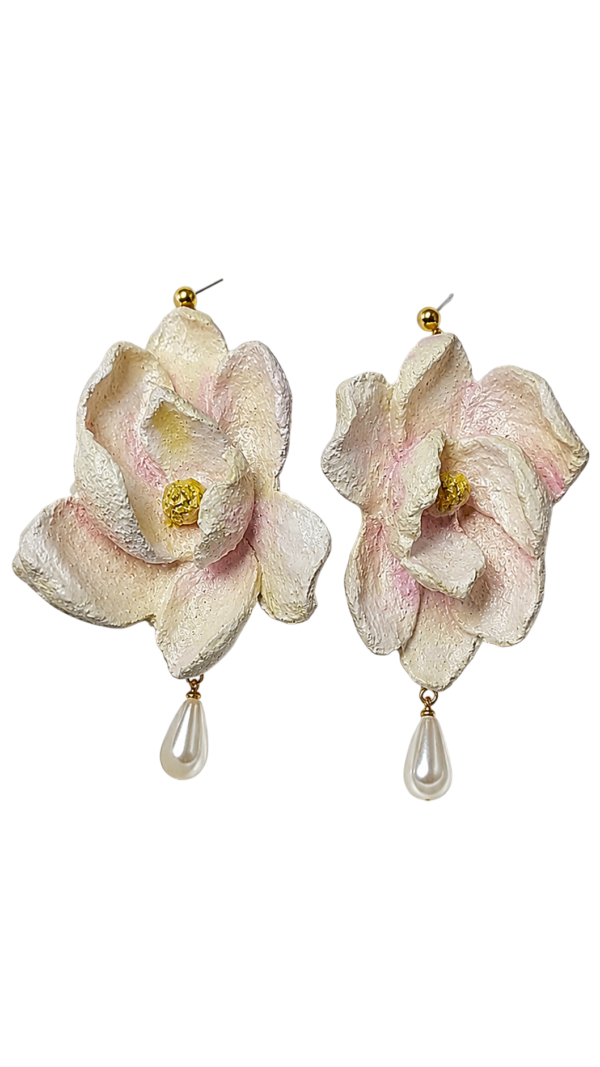 Handmade Magnolia Flower Papier Mâché Pearl Earrings