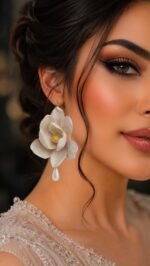 Handmade Magnolia Flower Papier Mâché Pearl Earrings - Image 2