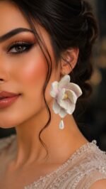 Handmade Magnolia Flower Papier Mâché Pearl Earrings - Image 4