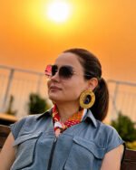 Majnun Handmade Gold Papier-Mâché Blue Gem Earrings - Image 2