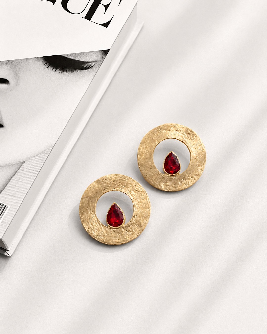 IMG_7107 Majnun Handmade Gold Papier-Mâché red Gem Earrings - Image 1