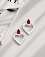Mehr Handmade White Heart Earrings with Red Gemstone